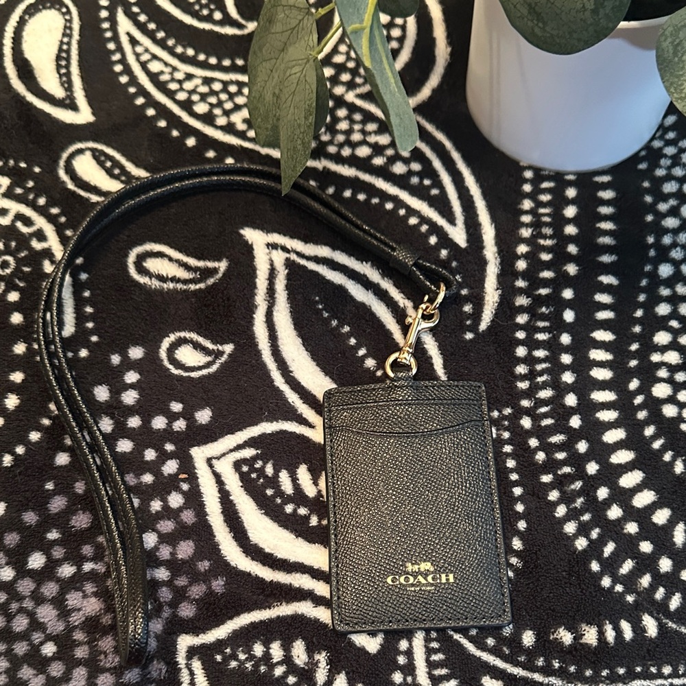 Coach Black Leather Card Holder with Strap